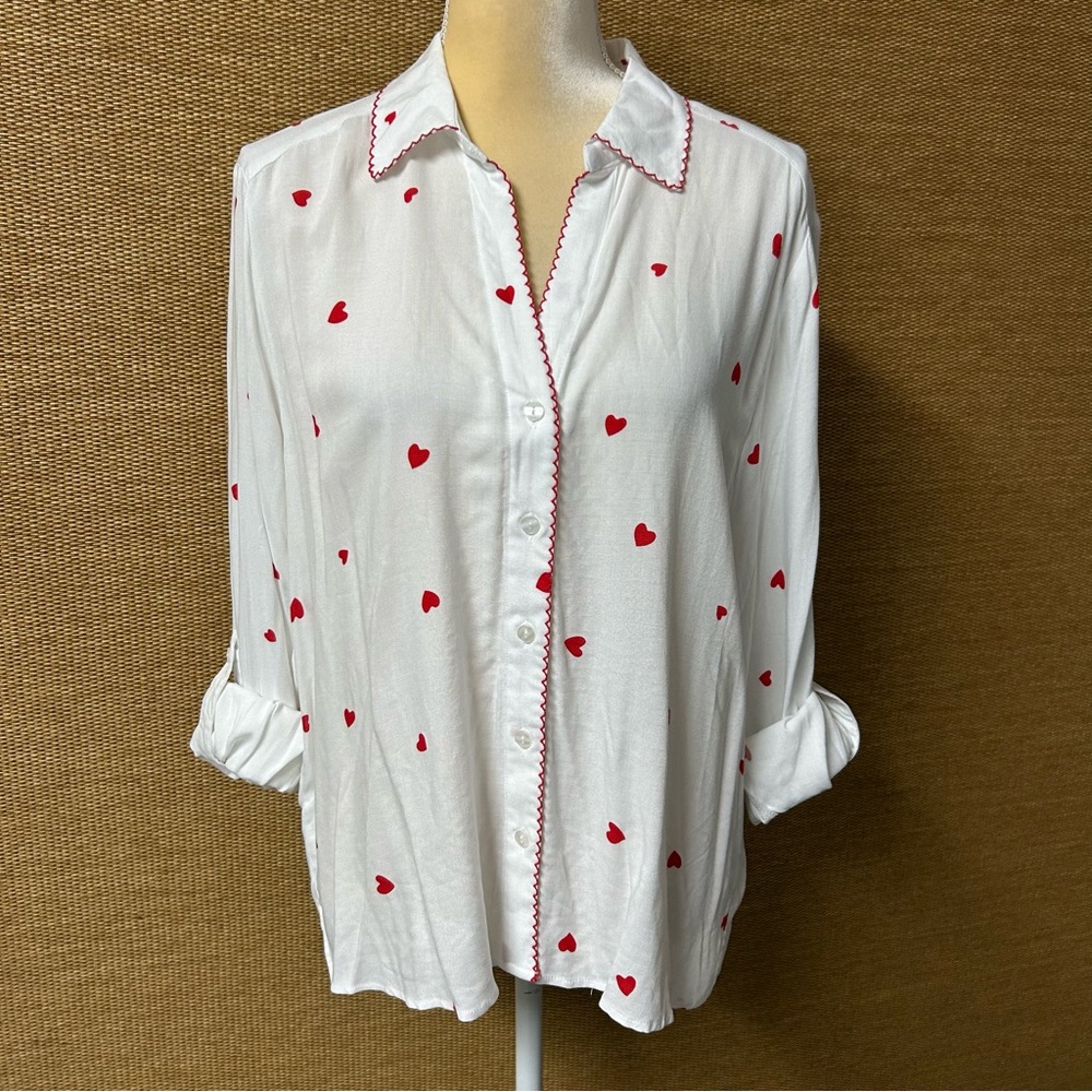 Jane + Delancey Shirt Women’s Large White with Red Hearts NWT READ